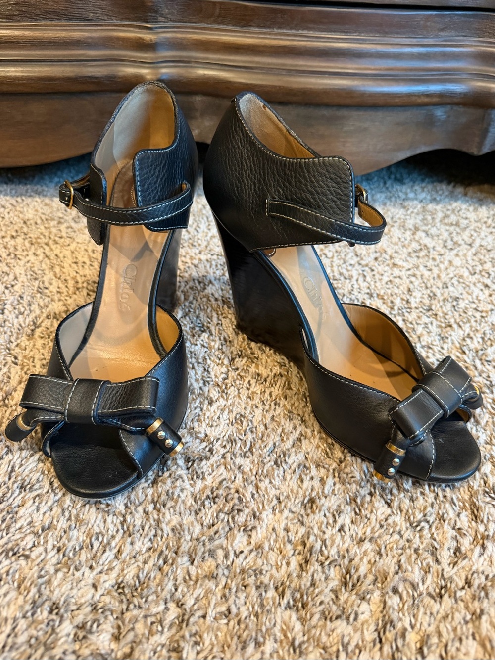 Chloe Black Leather Wedge Sandals with Bow and Ankle Strap